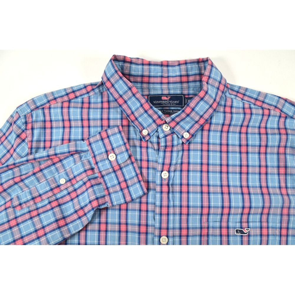 Vineyard‎ Vines Slim Fit Tucker Shirt Men's Size L Pink & Blue Plaid
